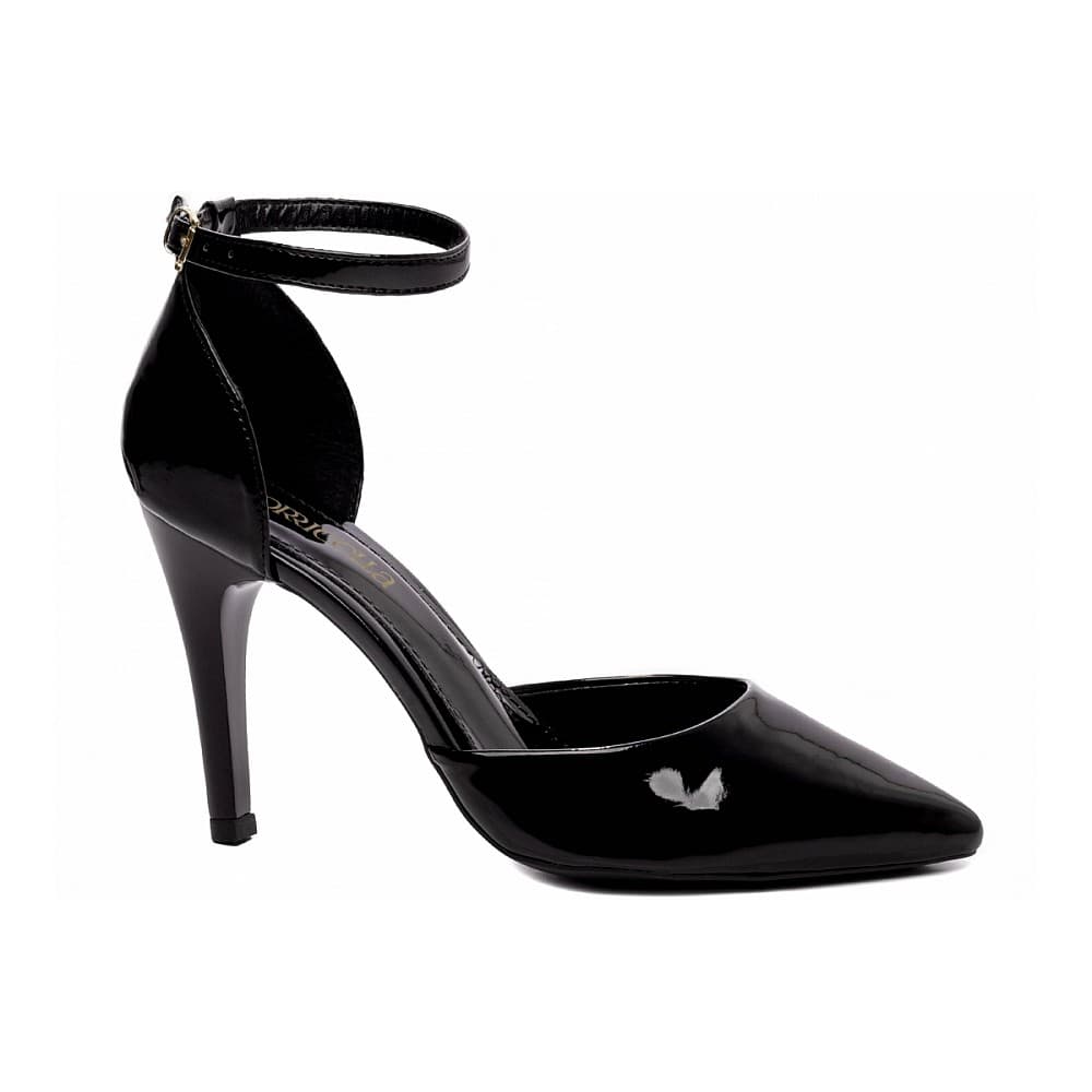 Sapato Scarpin Saia e Blusa Salto 10cm Ajuste Fivela Bico Fino Verniz Preto