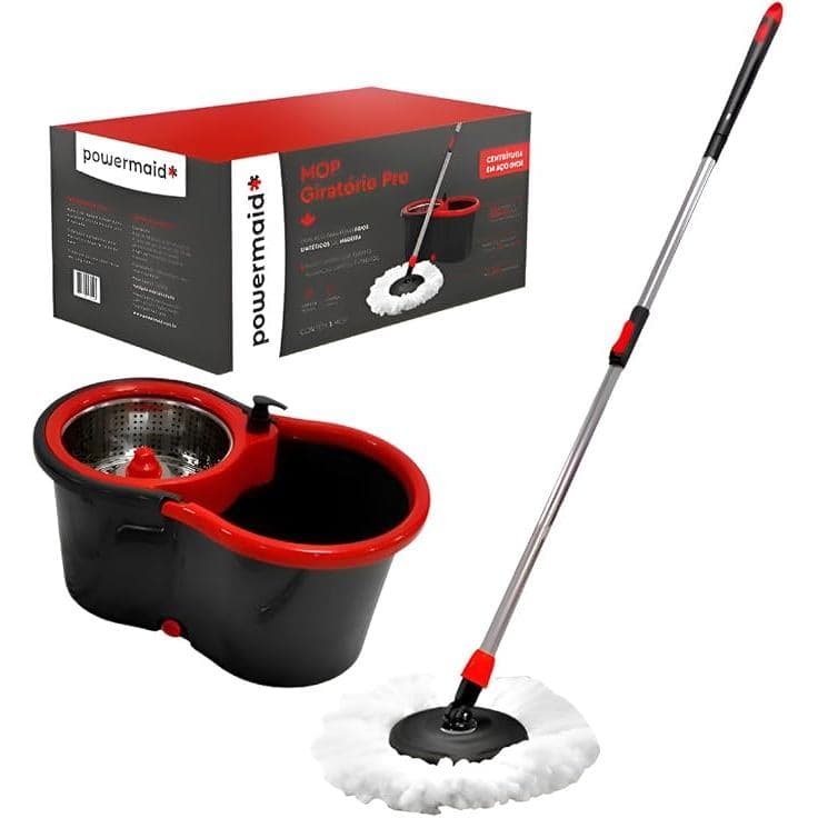 Mop Giratorio Duplo 360 Powermaid Balde Centrifuga Aco Inox Pratico Duravel Limpeza Facil