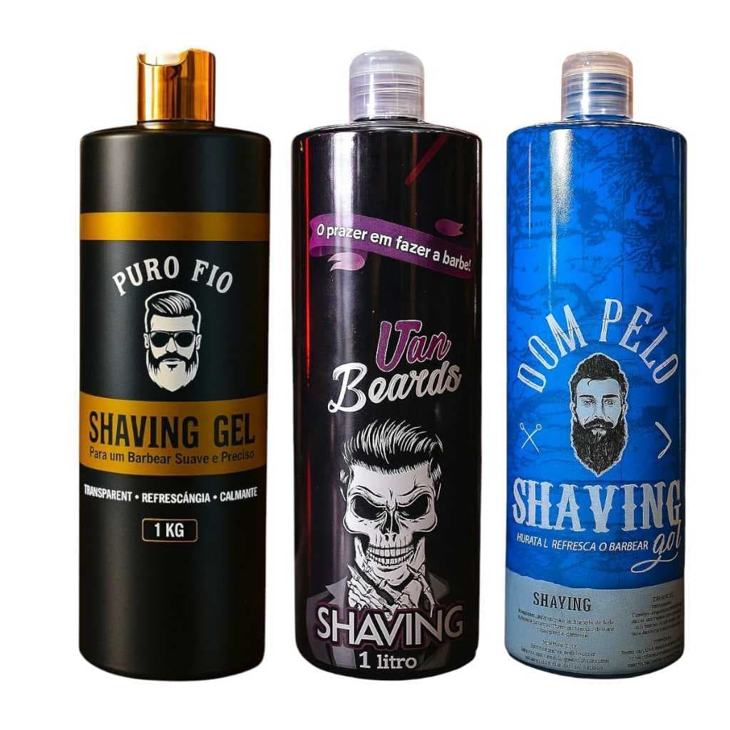 Kit 3 Shaving Gel de Barbear Profissional Transparente 1kg | Dom Pelo, Puro Fio, Van Breads – Para Barba e Cabelo