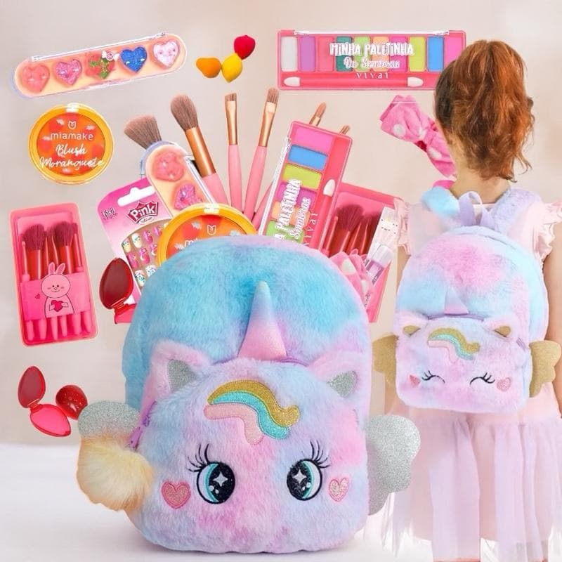 Kit Mochila pelúcia e 12 Itens Maquiagem Sombra Pincel Batom Skin Care Ótima Qualidade
