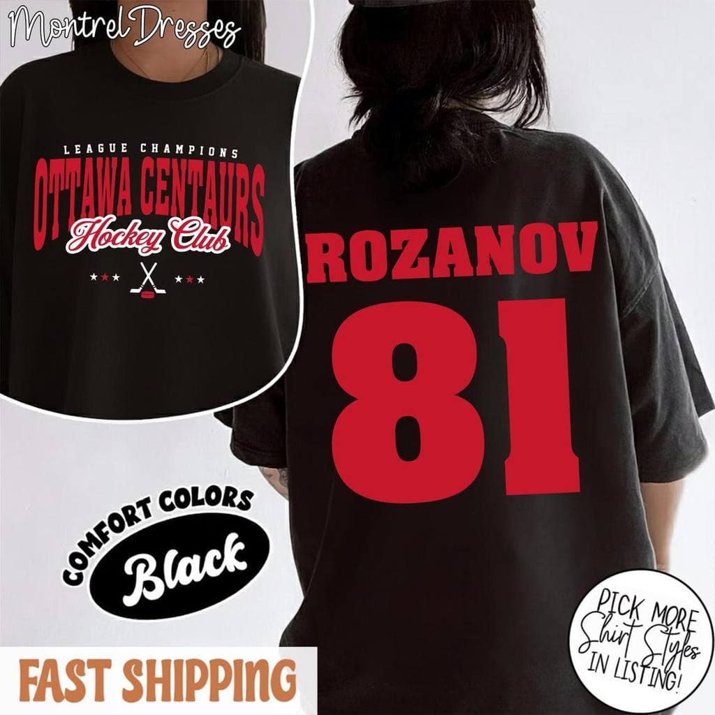 Oversized Camiseta Preta Unissex de Algodão, com Estampa "Ottawa Centaurs Hockey Club Rozanov 81", Estilo Esportivo