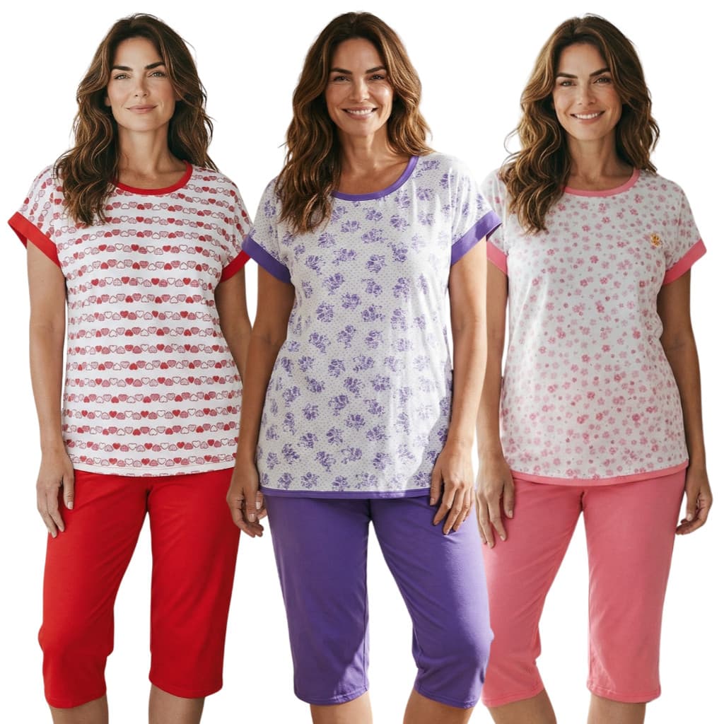 Kit 3 Pijamas Feminino Bermuda Capri Pescador Conforto Manga Curta Malha