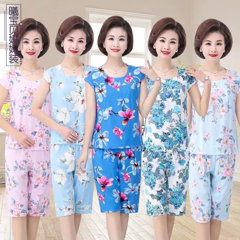 Roupa de casa feminina idosa de meia-idade, manga curta, algodão, seda, gola redonda, calças de cinco pontos, pijama de