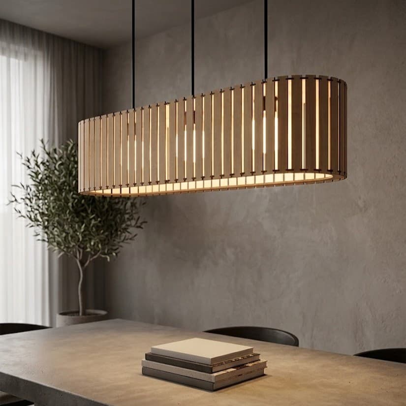 Luminária Pendente Via Láctea Ripado MDF Lustre De Teto Sala Cozinha Bancada Onflex