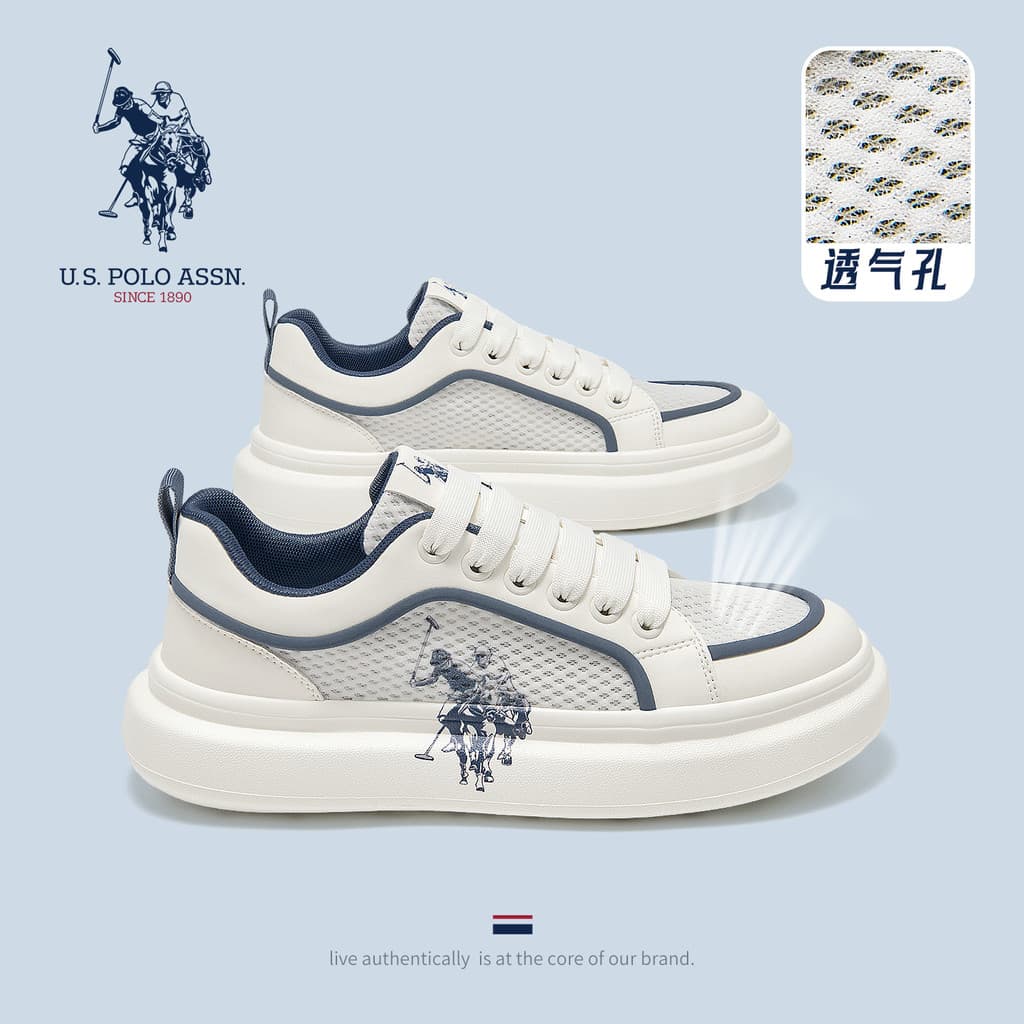 USPA American Polo Association Sapatos masculinos genuínos outono leve oco respirável ultraleve sapatos brancos casuais