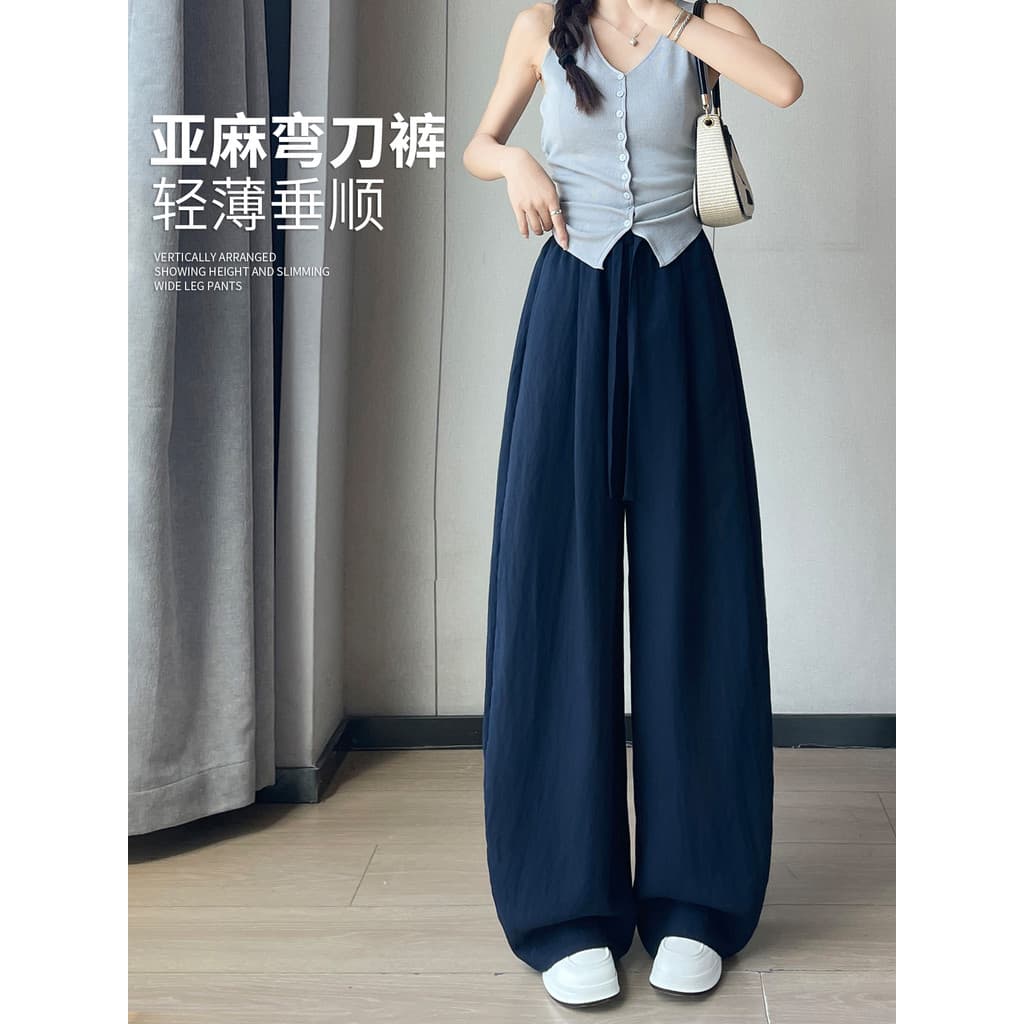 Tencel linho calças de perna larga feminina verão fino 2025 novo estilo solto Drape preguiçoso Casual gelo seda Machete