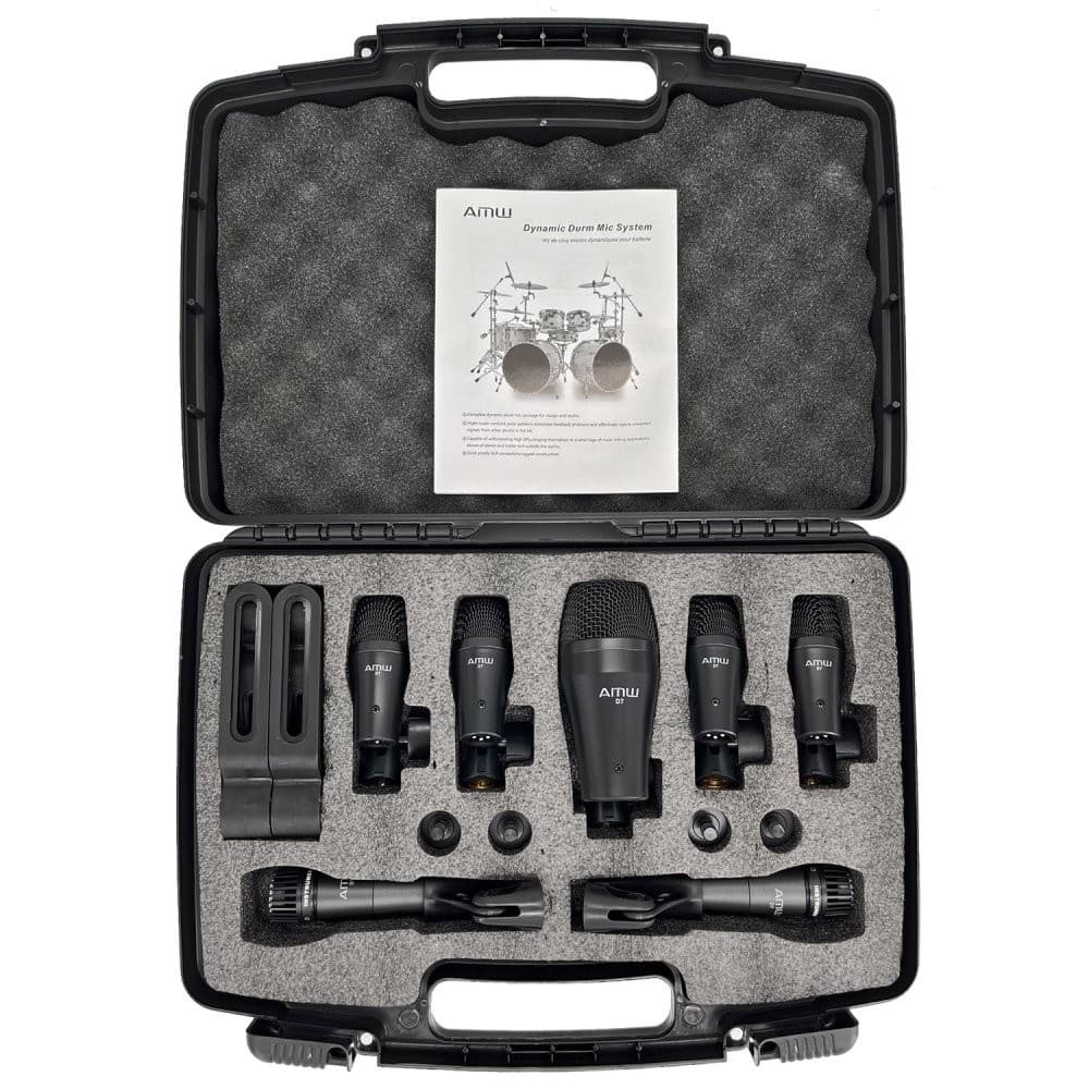 AMW D7 - Kit de Microfones para Bateria com 7 Microfones + Acessórios + Estojo