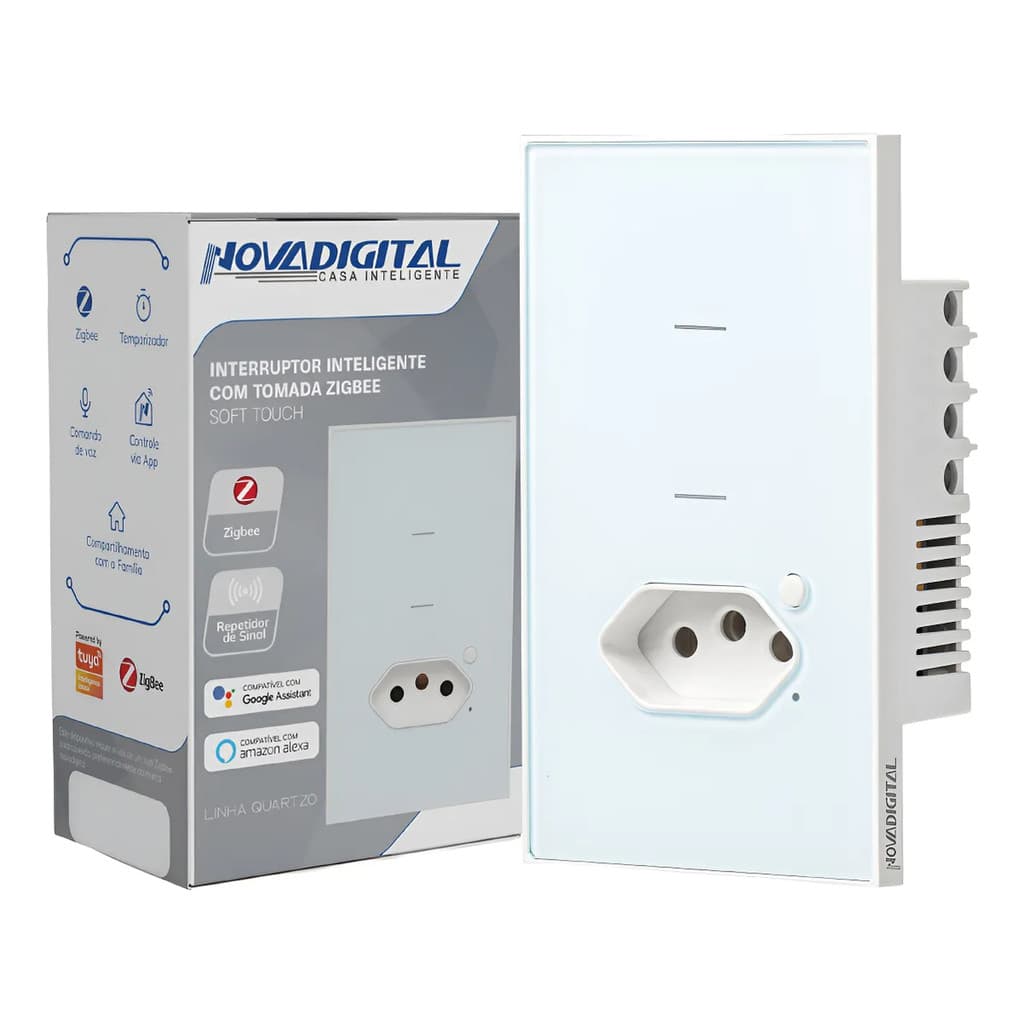 Interruptor Inteligente Zigbee Soft Touch 2 teclas + tomada Quartzo da Novadigital QZ-WK-2W BRANCO