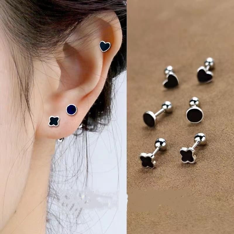 Piercing De Orelha De Aço Prateado Trevo De Quatro Folhas Brincos Femininos Anti-Perda Parafuso Fivela Osso Studs