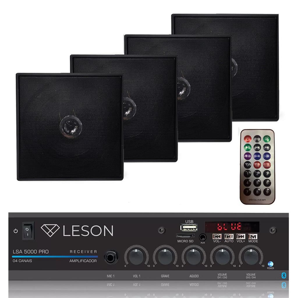 4 Caixa Som Ambiente Quadrada Pt + Amplificador Bluetooth 1m Preto 70 W 127/220v