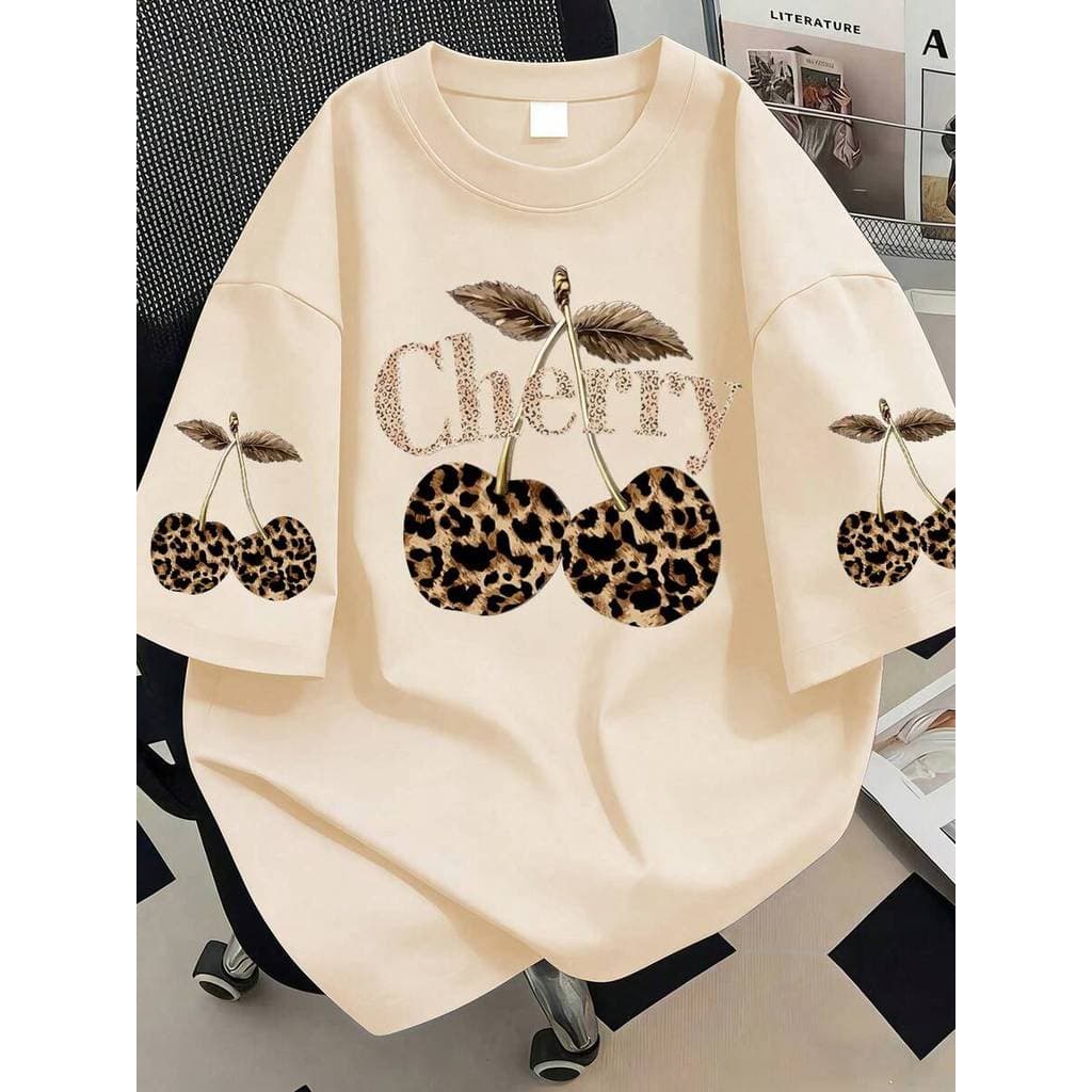 Camiseta de Verão Plus Size para Mulheres, Estampa de Leopardo e Cereja, Casual Solta de Manga Curta, Adequada para Volt