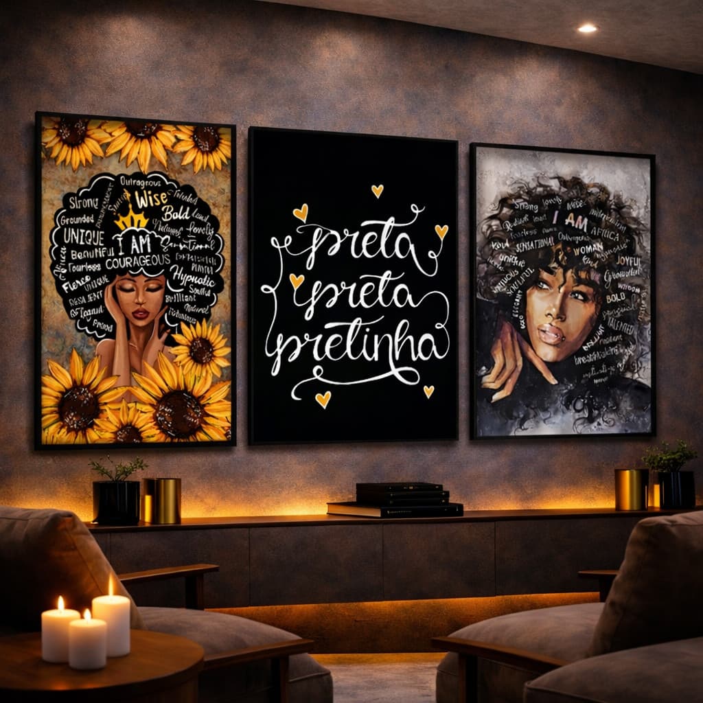 Kit 3 Peças Quadros Decorativos Preta Pretinha Cabelos Cacheados Para Sala Quarto Moldura