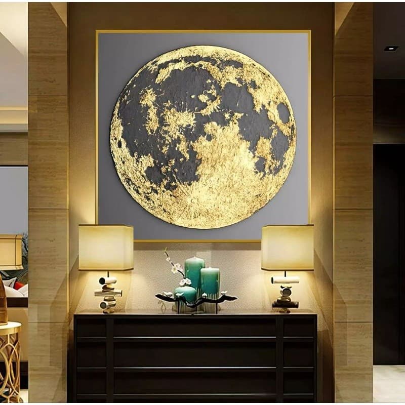 Quadro Decorativo 1 Tela: Lua Dourada Resplandecente - Tranquilidade e Sofisticação em Cinza Suave 110x80