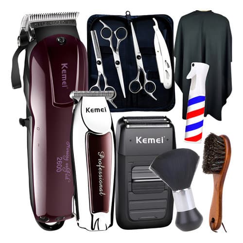 Kit Barbeiro Completo Kemei KM-2600 KM-9163 KM-1102 Máquina Corte Acabamento Shaver Tesouras Acessórios