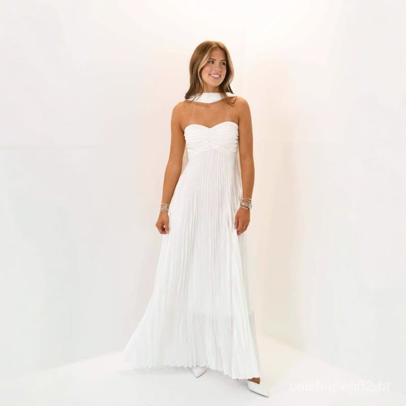 Vestido de Festa Longo Elegante, Vestido Plissado Multicolorido em Seda Simulada, Fashionável OUTN