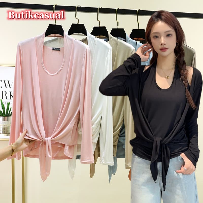 Feminino Modal Estilingue Colete Cardigan Pescoço Manga Comprida Verão Nova Moda Versátil Terno M 2XL