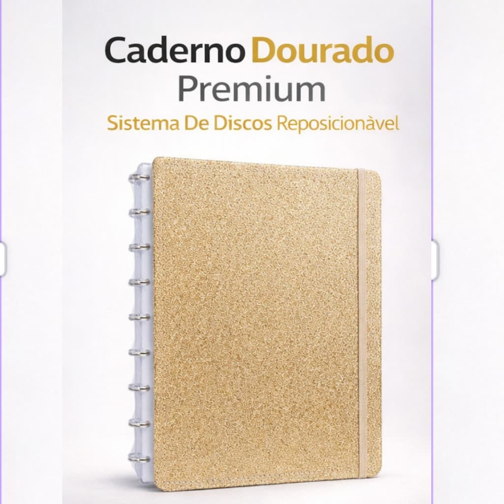 Caderno Shine Dourado Capa Dura Reposicionável Escolar Disko Caderno Inteligente