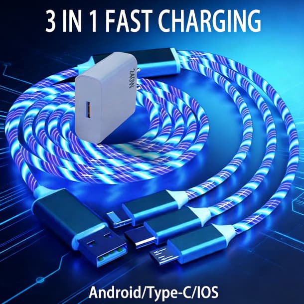 Carregador Rápido 240W Com Cabo USB De Luz Fluida LED 3 Em 1 Para Cabos De Carregamento Micro IOS Streamer Tipo C Candy