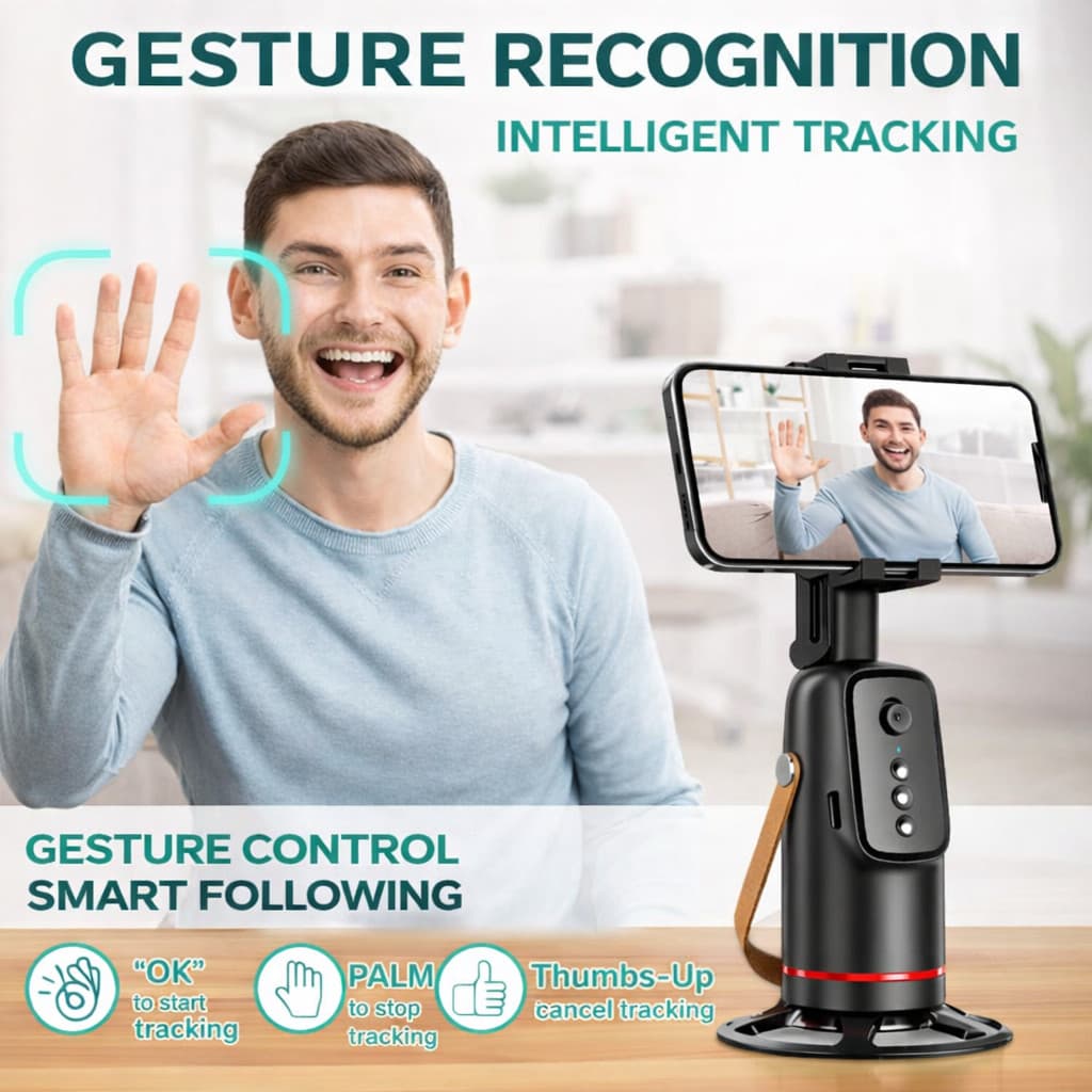 Bastão Selfie Tripé 360° Rastreamento Facial, Controle Remoto Destacável para Lives e Selfies