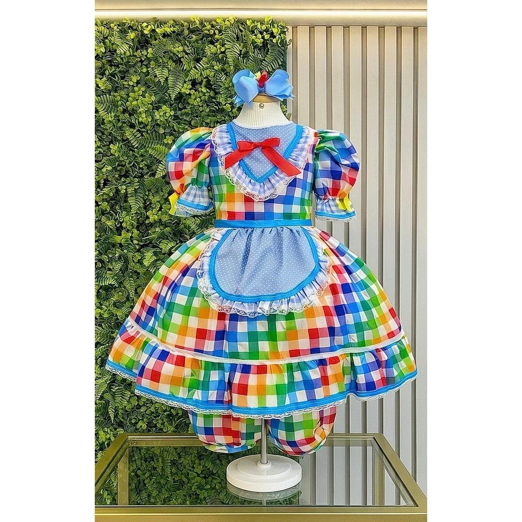 Vestido Infantil Junino Caipira Festas Xadrez Azul Colorido Festas