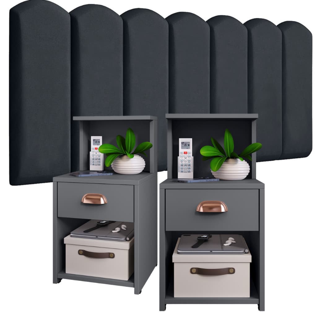 Kit Cabeceira Modular Nuvem e Criado Mudo Cléo com Gaveta e Prateleira. Painel de Cama Box Solteiro/Casal - Cores Varias