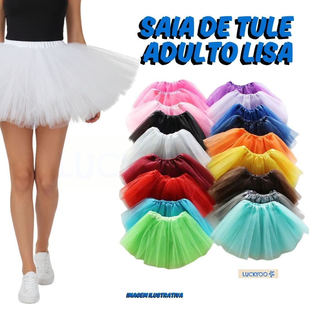 Saia Tule Adulto 40cm Tutu Lisa Colorida Fantasia Carnaval Apresentação Bailarina Eventos e Festa