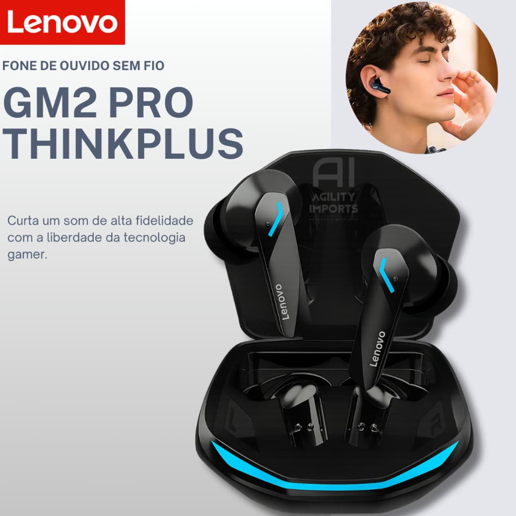 Fone De Ouvido Sem Fio Lenovo GM2 Pro Gamer Esportivo TWS Thinkplus Bluetooth 5.3, Com Case Estojo e Carrega Automático