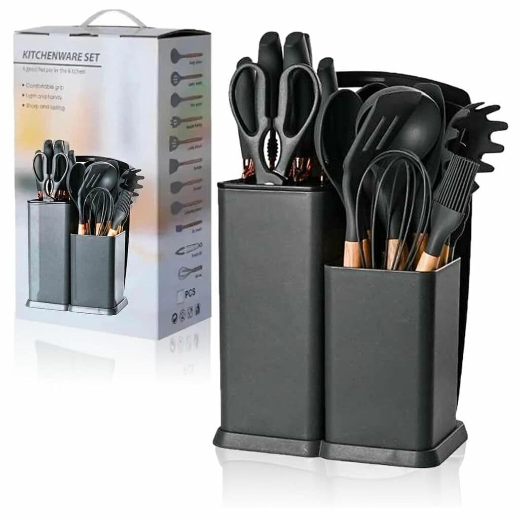 Kit Utensilios Silicone 19 pçs cabo de madeira s/BPA Preto Black
