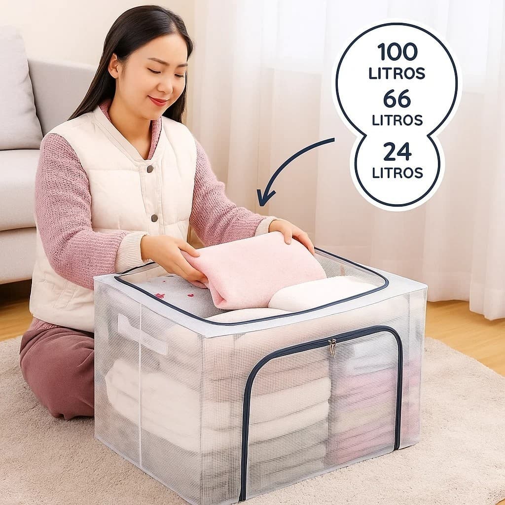 Caixa Organizadora 100L 66L 24L Empilhável Grande Volume Guarda Objetos Armário Casa