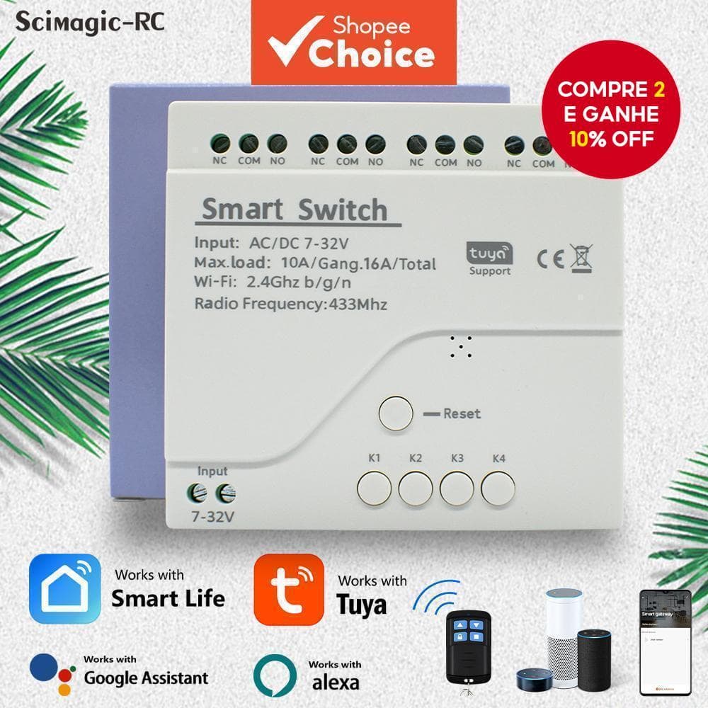 Módulo De Interruptor Inteligente Para Tuya WiFi 4 Canais AC DC 7-32V 10A Controlador De Relé Alexa Google Home