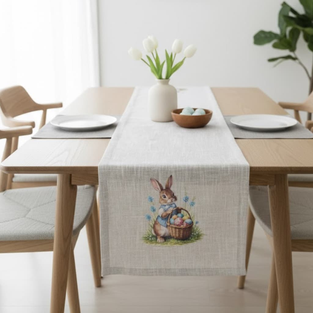 Trilho de Mesa Decorativo de Páscoa com Coelho | Linho Sintético 40x170
