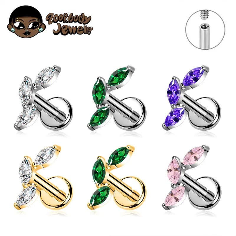 Piercing Titânio Labret Triplo Marquise CZ Cluster Para Cartilagem Tragus Helix Lóbulo Brinco