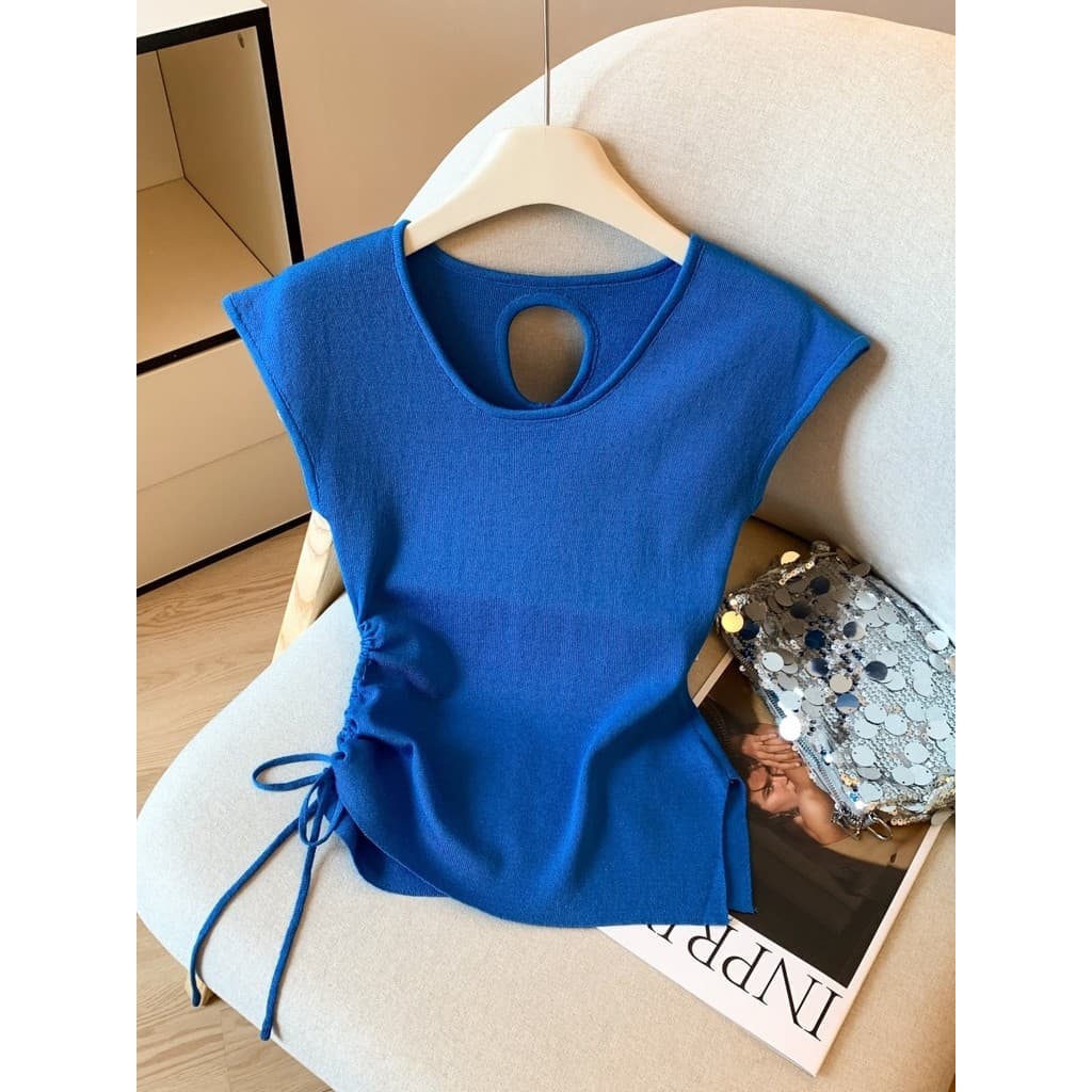 Klein azul gelo seda camisola feminina verão fino nicho Irregular chique oco sem mangas curto topo
