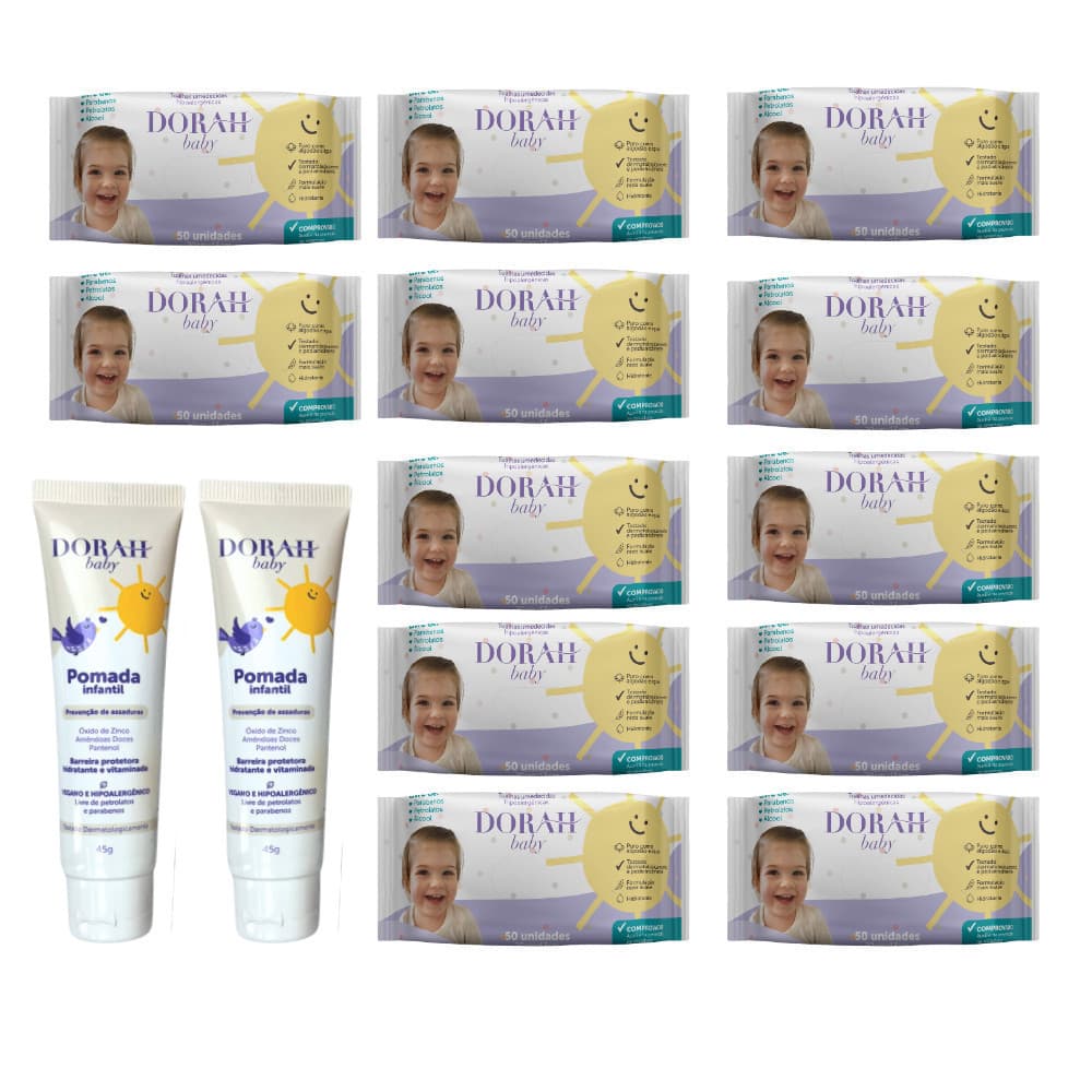 Kit Higiene do Bebê -  12 Toalhas Umedecidas SEM Álcool 50un + 2 Pomadas 45g Dorah Baby