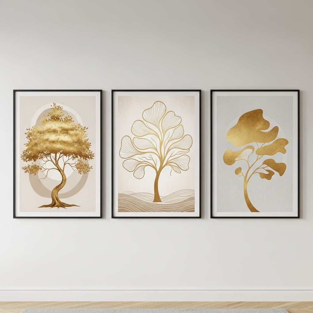 Kit 3 Quadros decorativos Arte Arvore Douradas Modernas Design moderno MDF Premium para Sala
