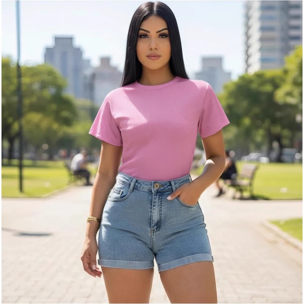 Blusa Feminina Gola Redonda Canelada Manga Curta