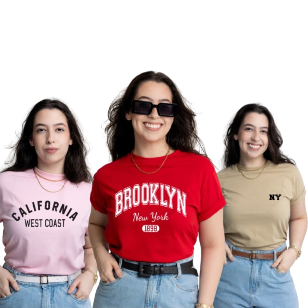 Kit 3 T-Shirt Feminina California Brooklyn Estilo Americana Estampadas 100% Algodão Estilosas