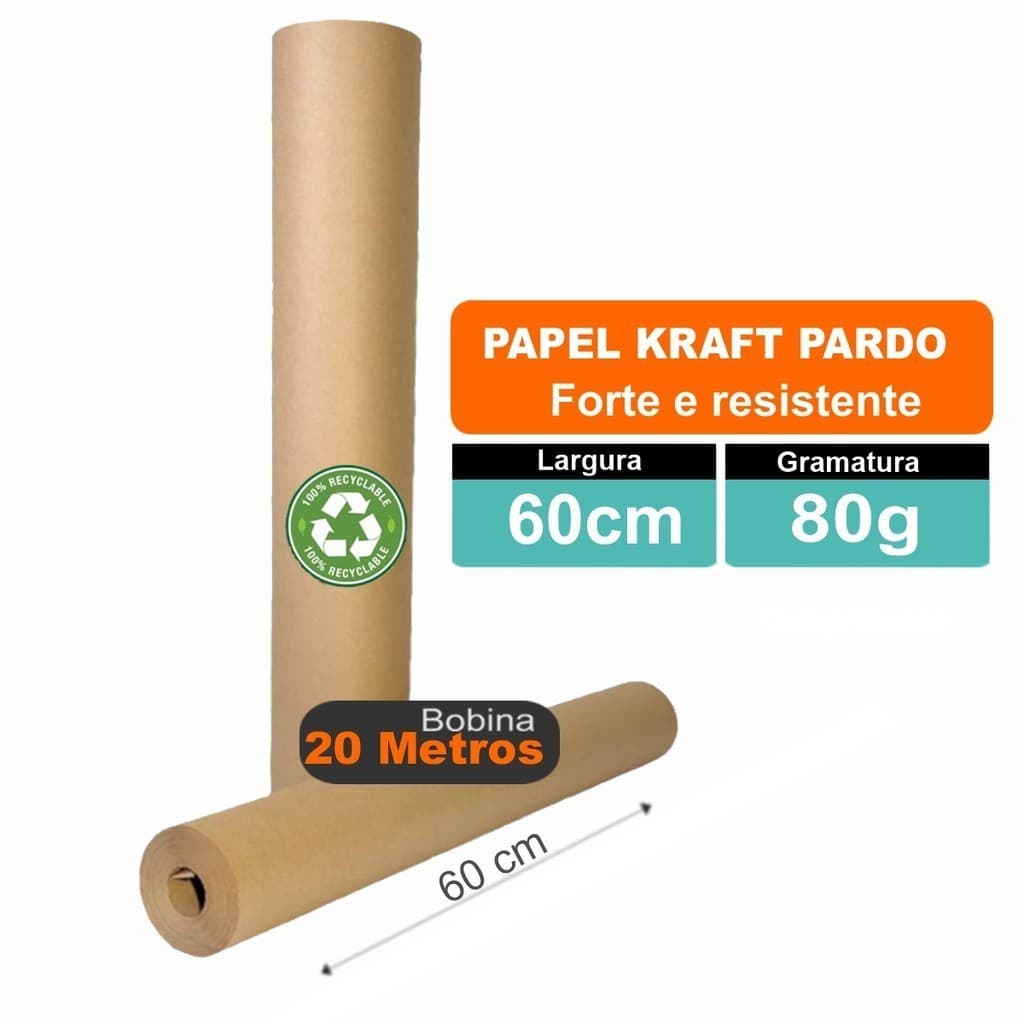 Papel Kraft Bobina 80g Rolo 60cm x 20 Metros Embalagem Caixas Moldes Artes Enfeites