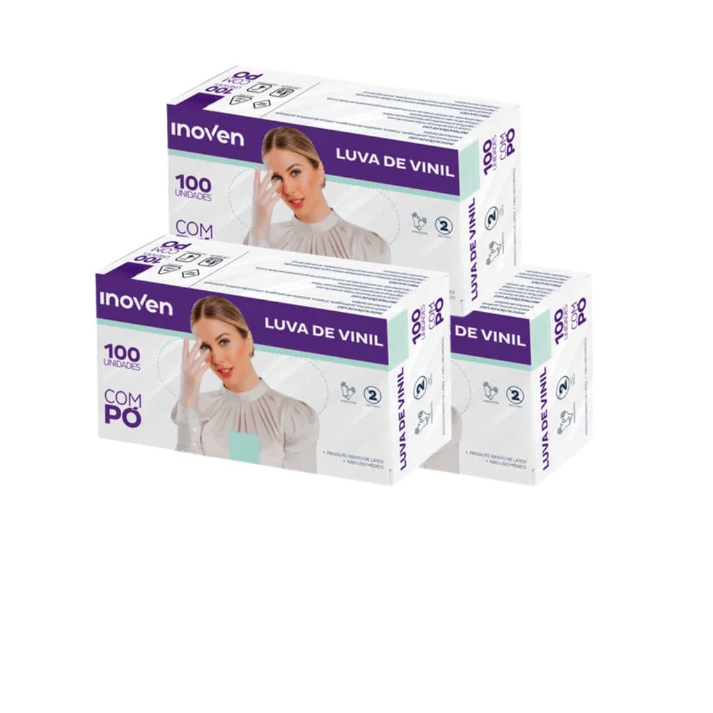 Kit 3 Caixas Luva Vinil Com Pó Inoven Transparente 300un - Ambidestra para Estética Odonto Tattoo Ta