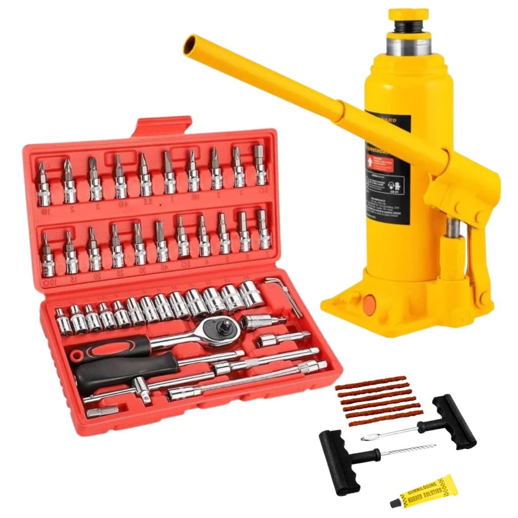 Kit Macaco Hidráulico Tipo Garrafa 2 Toneladas C/ Maleta + Jogo de Soquete 40 Peças