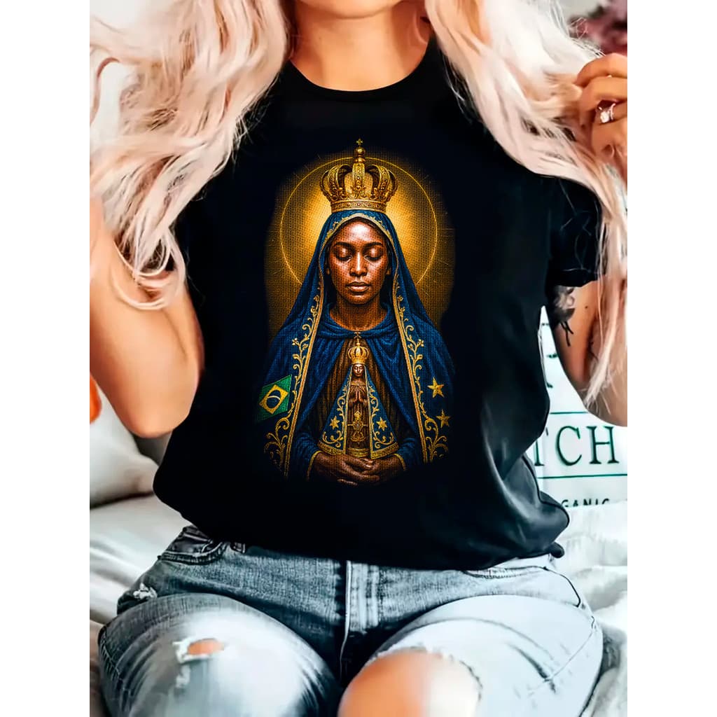 Camiseta Feminina Nossa Senhora Aparecida Negra Estampa Religiosa Preta 100% Algodão Blusa Femenina