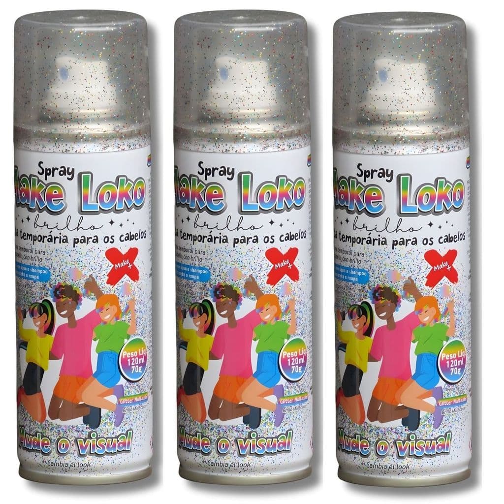 KIT 3 TINTAS CABELO E CORPO SPRAY LOKO-LATA GLITER MULTICOLORIDO DIVERTIDA LAVÁVEL CARNAVAL FESTA