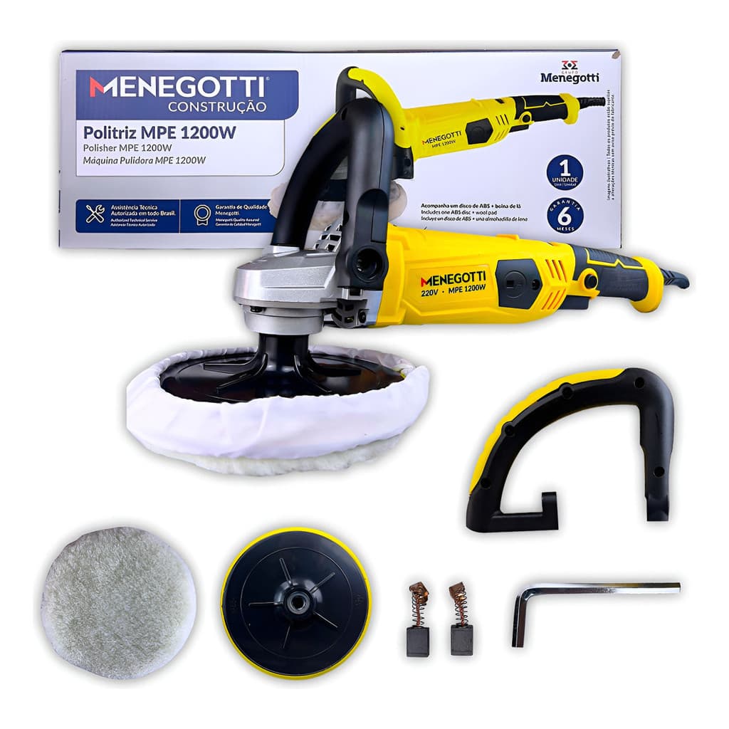 Politriz Elétrica Menegotti MPE 1200W 7 Pol 180mm para Polimento Automotivo