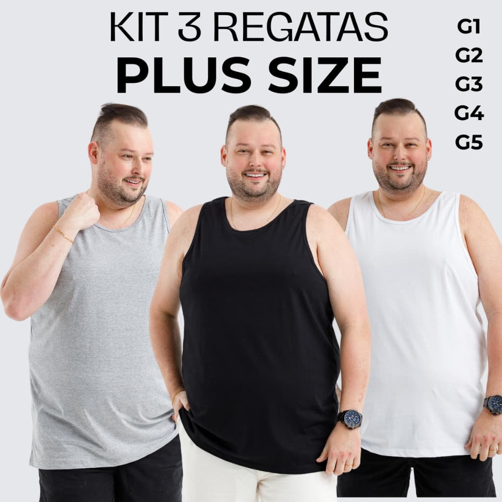 KIT 3 Regata Lisa Básica Plus Size Masculina Tamanho Grande Algodão 100% G1 G2 G3 G4 G5