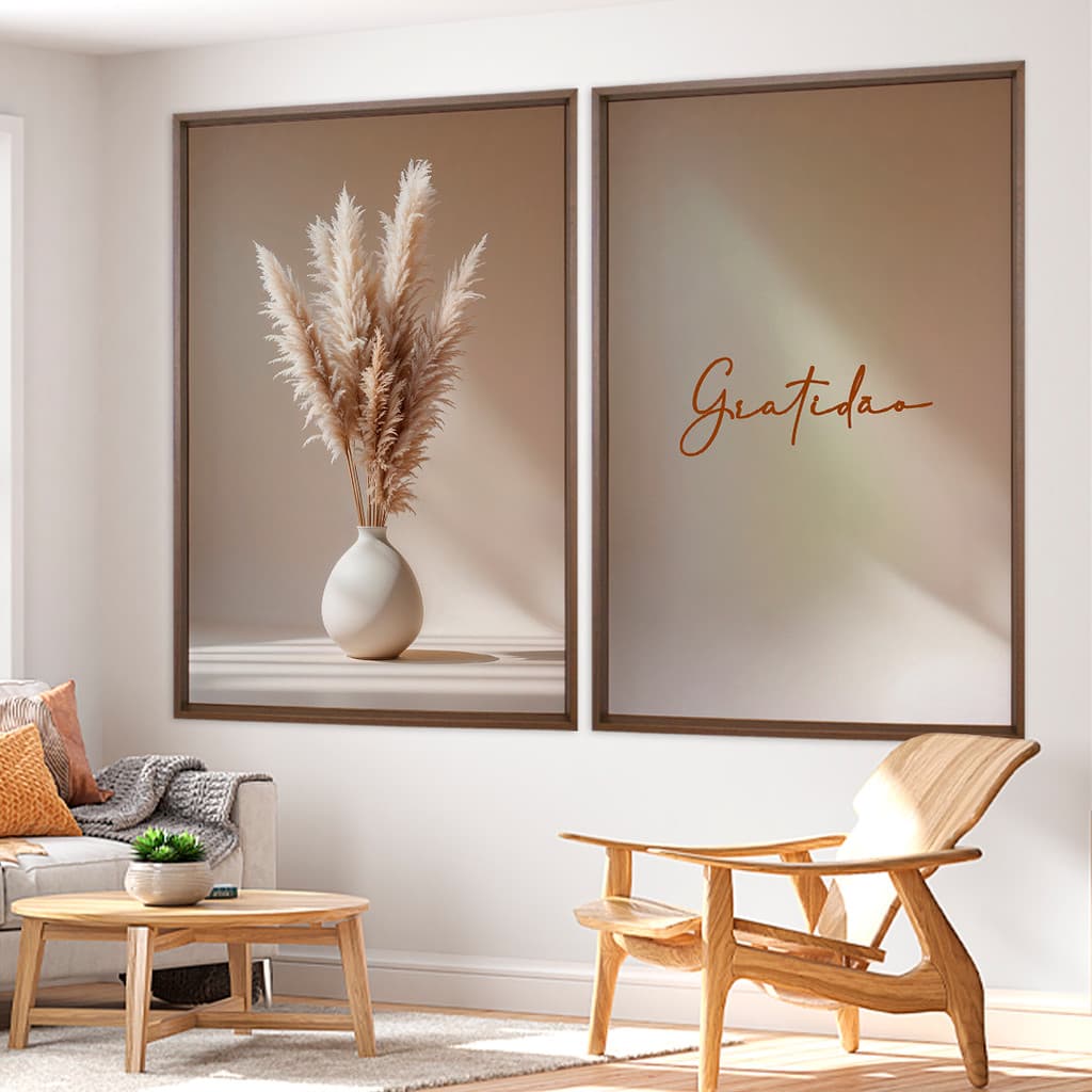 Kit 2 Quadros Decorativos Pampas e Gratidão – Estilo Boho Minimalista