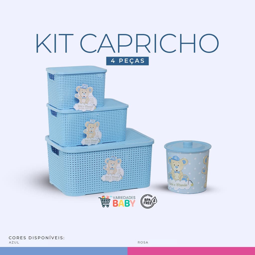 Kit Capricho 4 Peças – Caixas Organizadoras 3,5L 7L 18L + Lixeira Redonda – Kit Organização