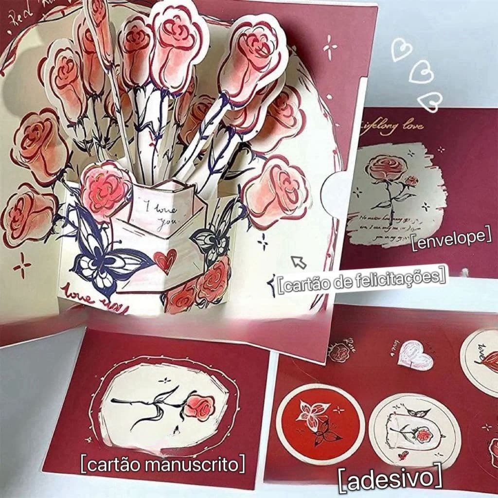 Cartão de felicitações rosa tridimensional em cartão de bênção retrô 3D dobrável de alta aparência