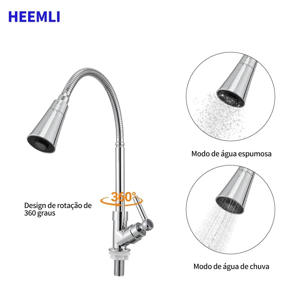 Torneira Gourmet Cozinha para Bancada e Parede de Cozinha com Chuveiro Flexível 360° para Pia de Cozinha Gourmet Heemli