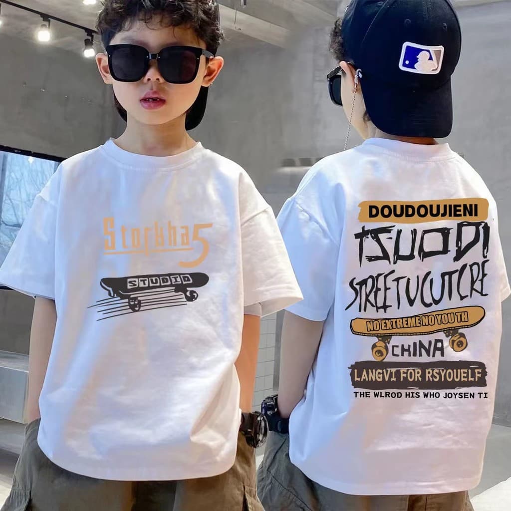 Algodão puro médio grande crianças venda quente dos desenhos animados skate impresso camiseta 2025 verão respirável meni