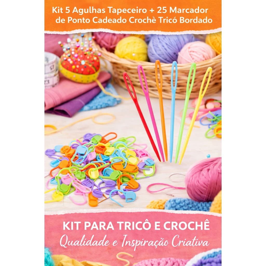 Kit 5 Agulhas Tapeceiro + 25 Marcadores de Ponto Cadeado Crochê Tricô Bordado Costura